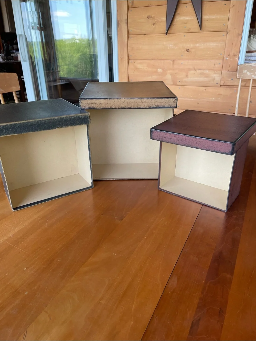 Primitive Stacking & Nesting Decorative Storage Boxes Burgundy Black Tan